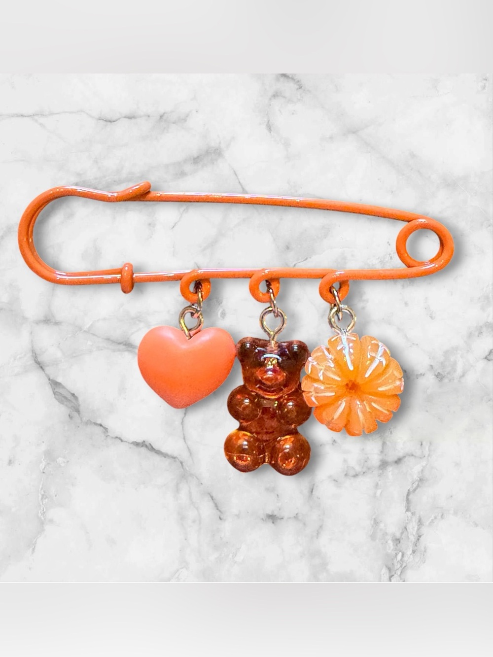 Orange Charm Safety Pin Brooch with Heart, Bear & Peeled Orange Charms